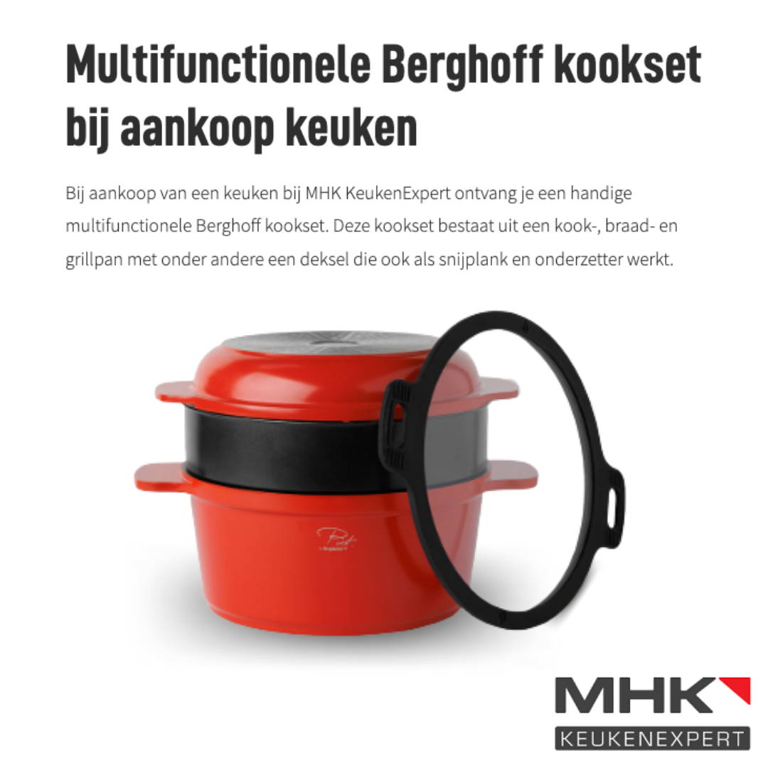 MHK KeukenExpert actie met gratis 5-delige Piet Huysentruyt kookset van BergHOFF bij aankoop van een keuken
