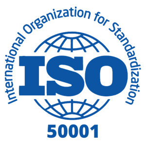 Blue ISO 50001 logo with a globe behind large ISO text, and International Organization for Standardization written in a circular shape around the globe.