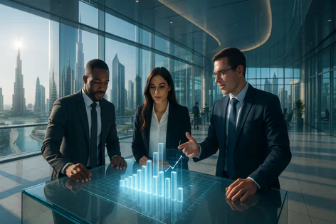 Three business professionals analyze a glowing holographic bar graph and chart on a glass table with a modern city skyline behind them, discussing data.