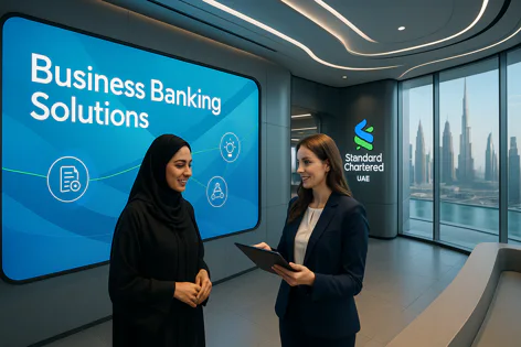 Two women discuss business banking solutions in a modern Standard Chartered UAE office, with a digital screen showing options and a view of the Dubai skyline.