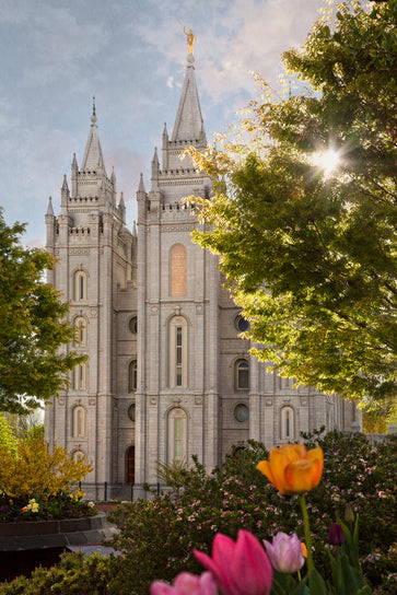 Vertical photo of the Salt Lake Temple. Sun shines through the trees.
