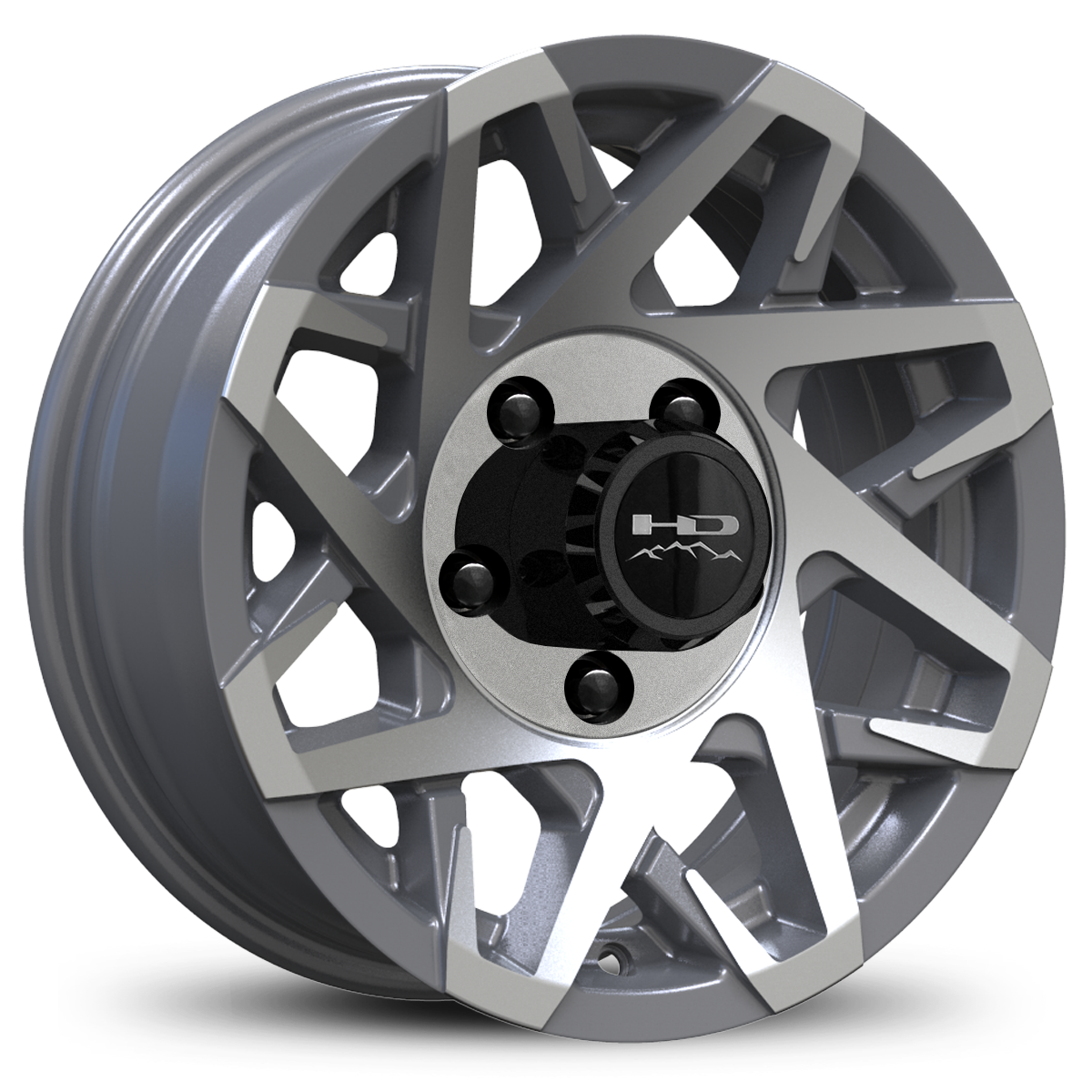HD Off-Road Canyon Custom Trailer Wheel Rims in 14x5.5 Gloss Gunmetal with Machined Face with Center Cap & Logo fits 5x4.50 / 5x114.3 Axle Boat, Car, RV, Travel, Concession, Horse, Utility, Lawn & Garden, & Landscaping.