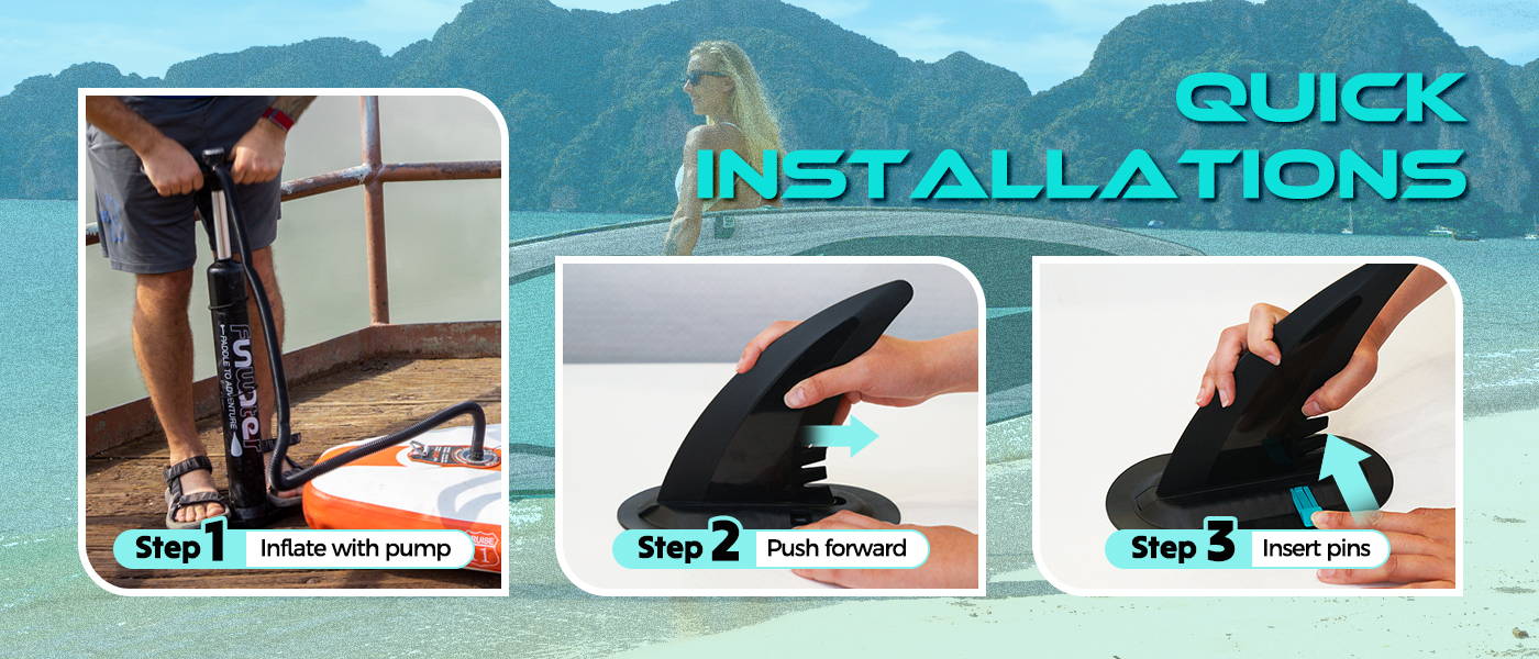 Funwater paddle board support quick installations: inflate with pump, push fin forward, insert fin pins