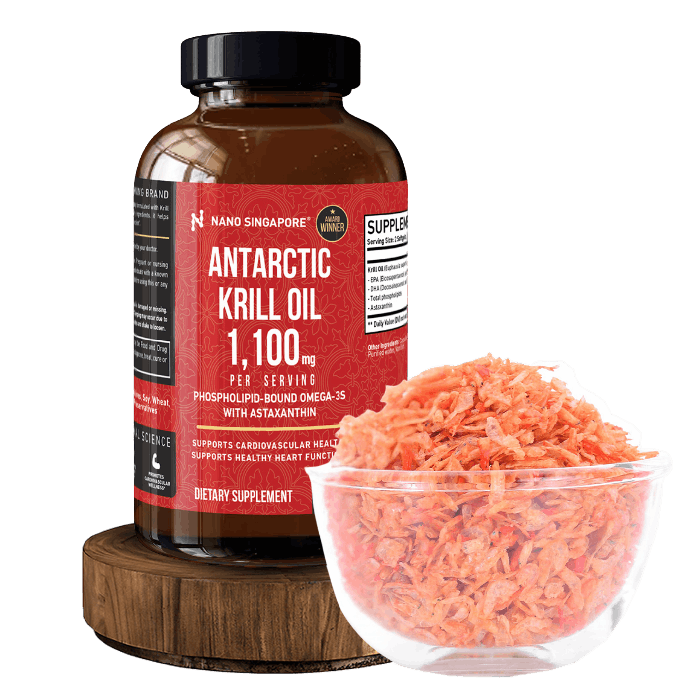 a bottle of krill oil singapore next to a bowl of krill