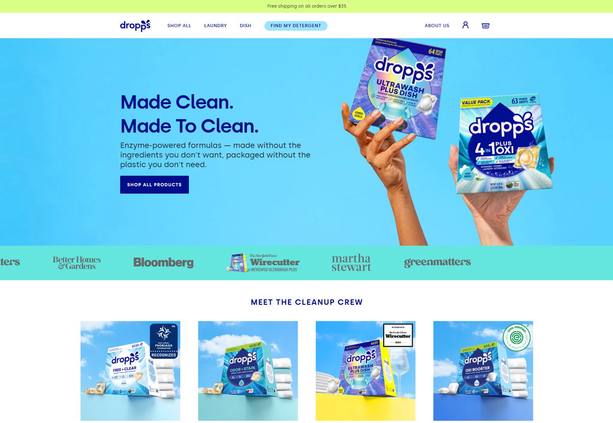 Screenshot of Dropps , from the website hero section designs collection.