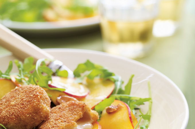 Crispy Goat Cheese Salad with Peaches and Caramelized Almonds