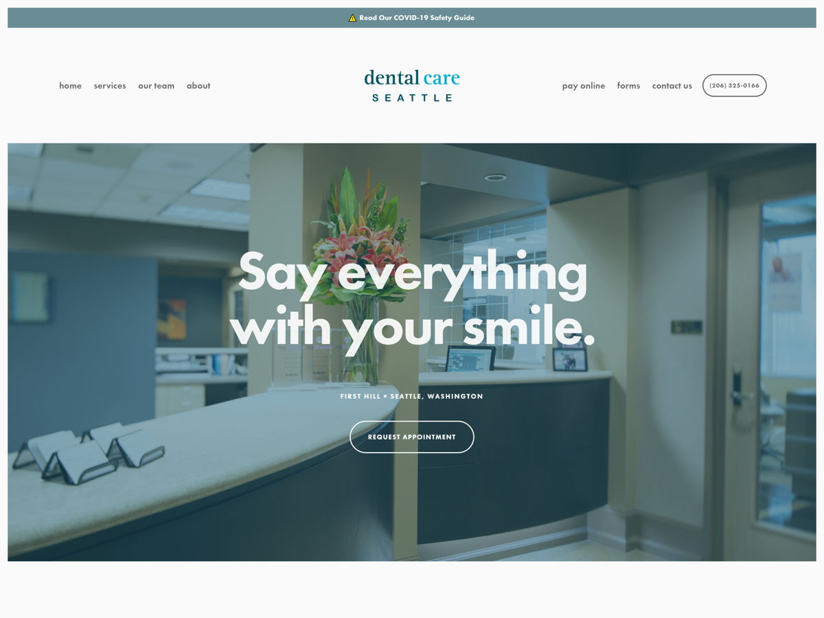 Screenshot of Dental Care Seattle, from the dentist websites collection.