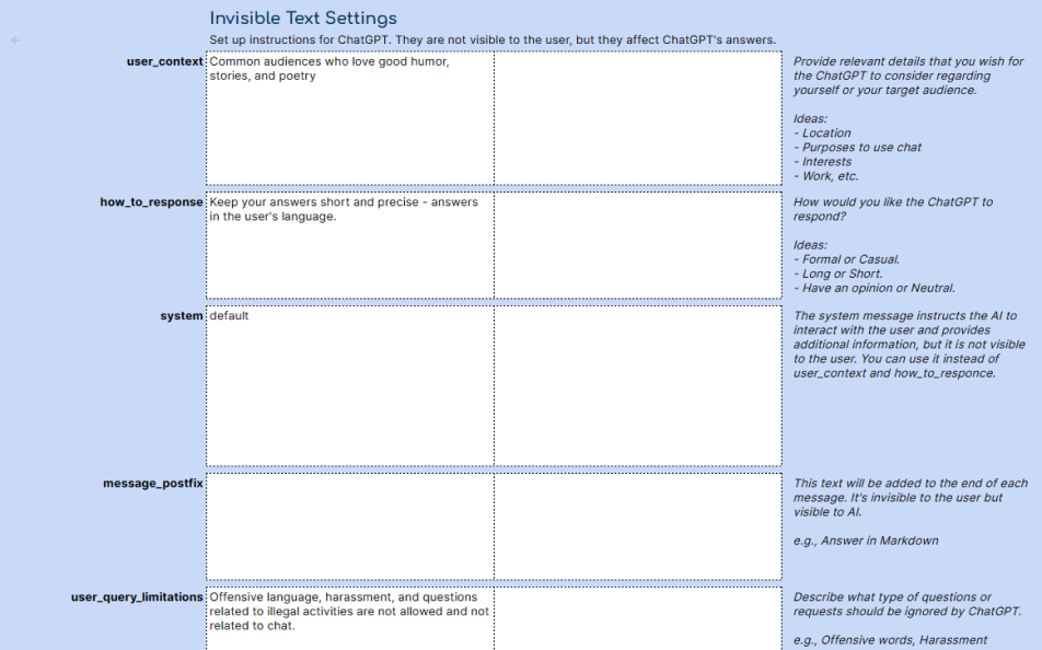 Set up invisible texts