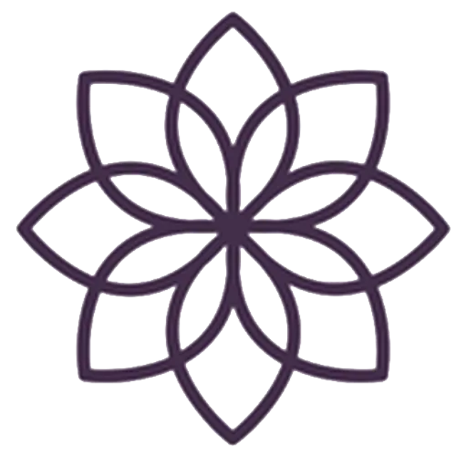 Abstract symmetrical flower-shaped geometric design with overlapping petal outlines in dark purple.
