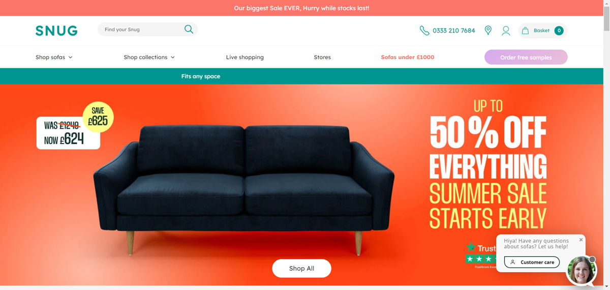 Screenshot of Snug Sofa , from the shopify furniture stores collection.