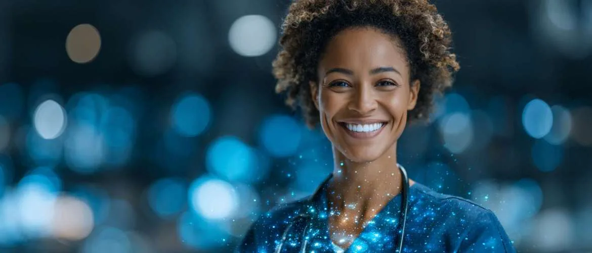Healthcare professionals collaborate around glowing digital staffing holograms in blue and green.