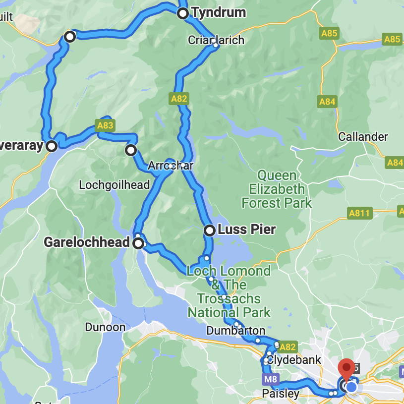 A route map for the day tour from Glasgow to Argyll and The Highlands visiting sights such as Inverary, Luss, Loch Lomond 