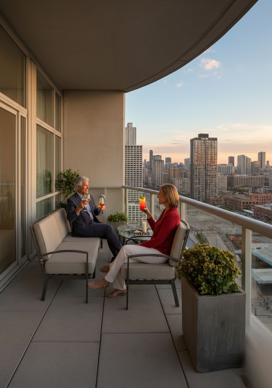 Empty nesters enjoying sunset cocktails on a high-rise balcony overlooking Navy Pier in Streeterville. The spacious outdoor living area with comfortable seating and potted plants showcases the lifestyle amenities that attract buyers seeking luxury, convenience, and spectacular views in this vibrant neighborhood.
