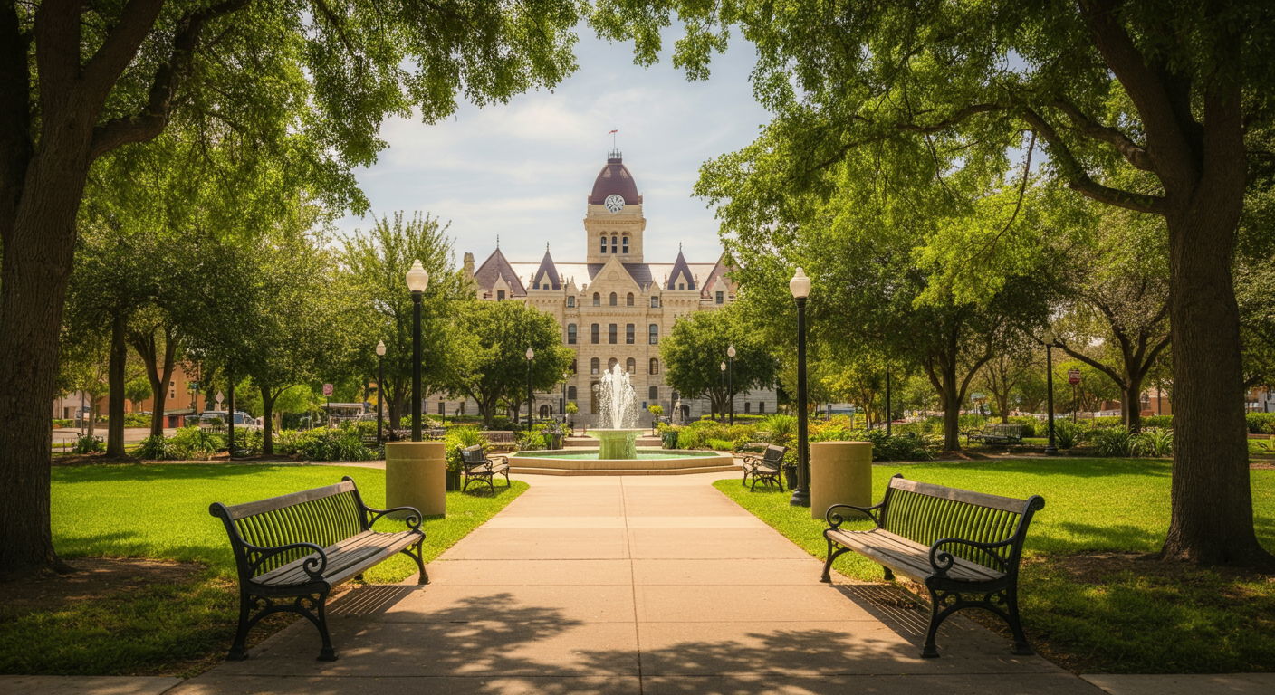 A photographic style image of A serene park setting in downtown Lafayette, with the historic courthouse visible in the background, demonstrating the city's blend of green spaces and architectural heritage. high focus, sharp, lots of bright light, extra bright, highly detailed, high quality, dslr, film grain, fujifilm XT3, RAW photo, RAW candid cinema, color graded porta 400, depth of field, hyper realistic, natural-looking, expressive, textured skin, texture, 8k, photorealistic