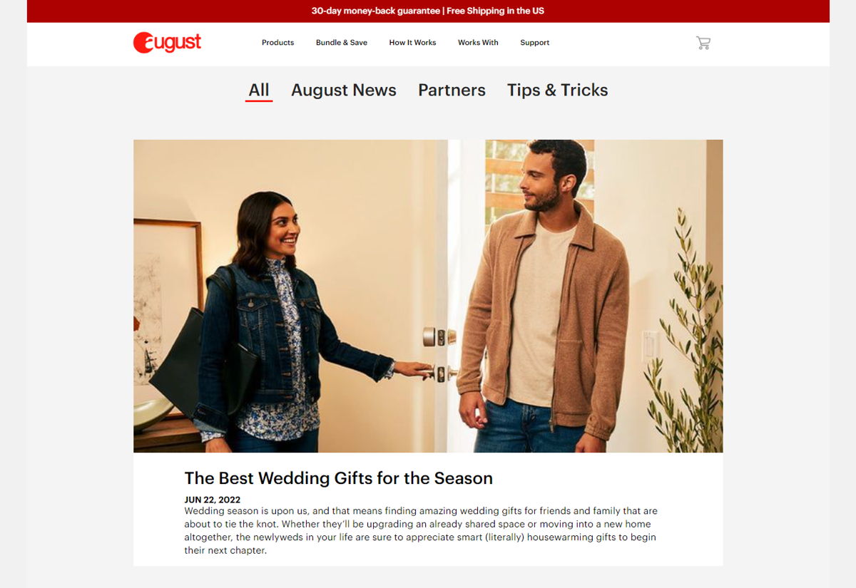 Screenshot of August Smart Home Blog, from the shopify blog examples collection.