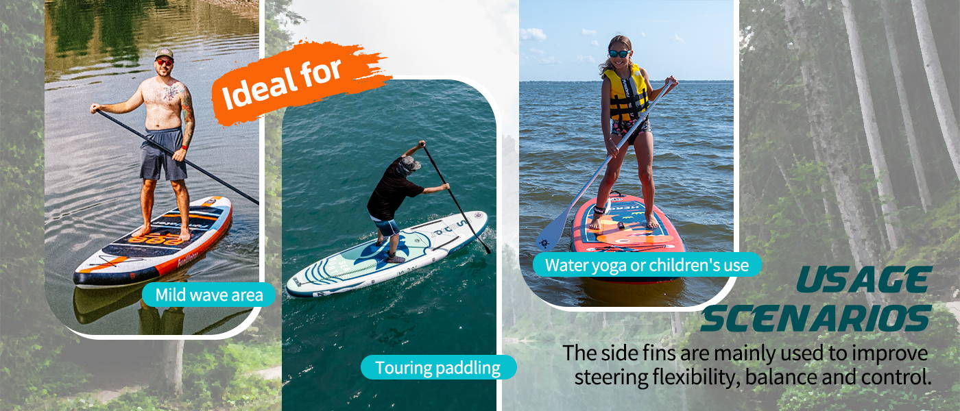Funwater stand up paddle board side fin can use in mild wave area, touring paddling, for yoga or child. the center fin improves straight-line tracking and reduces side to side wobble