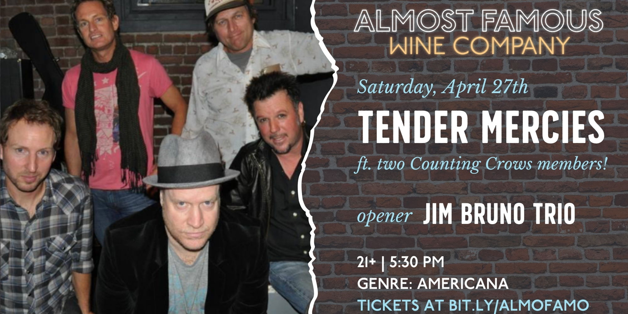 Bay Area supergroup Tender Mercies feat. two Counting Crows members! With opener Jim Bruno Trio promotional image