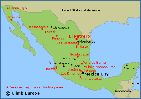 Map of the major rock climbing areas in Mexico