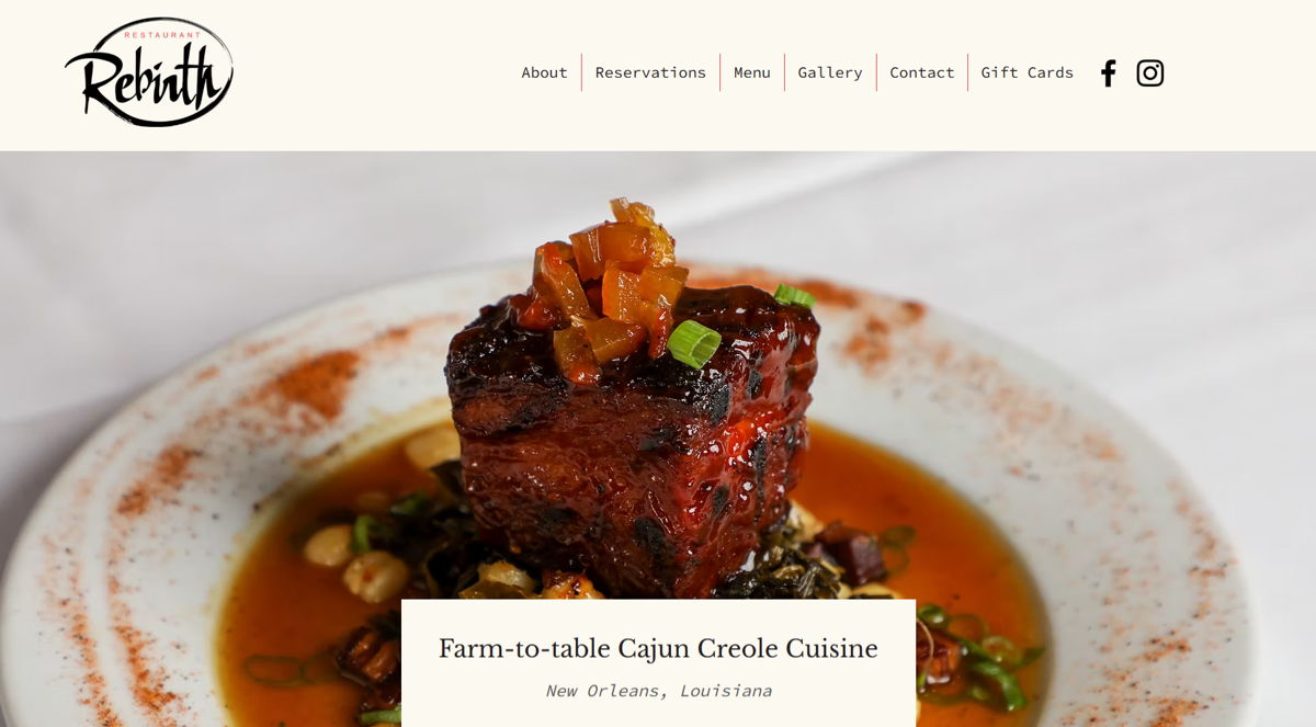 Screenshot of Restaurant Rebirth, from the wix restaurant website examples collection.