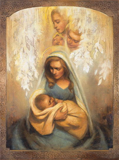 Painting of a woman holding an infant. Two angels watch over her. 