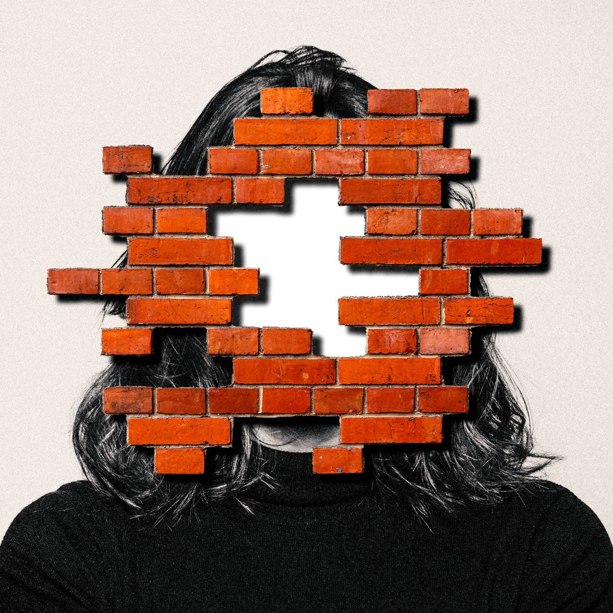 Collage of a woman's face covered with a wall of bricks, with a few missing in the center, revealing a void.