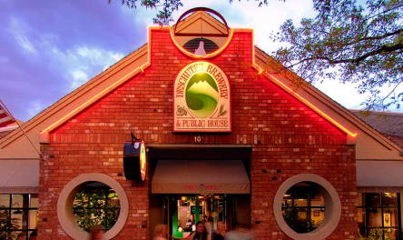 outside Bend Public House, it's a red brick building and people are coming and going