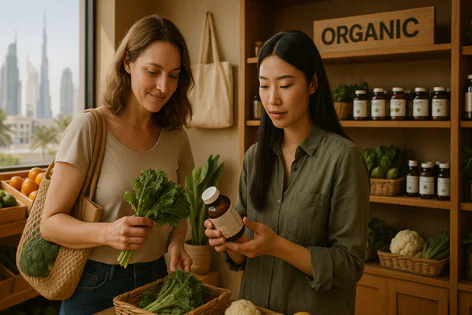 Two women examine fresh kale and a supplement bottle inside an organic health store with shelves of products and a cityscape view.