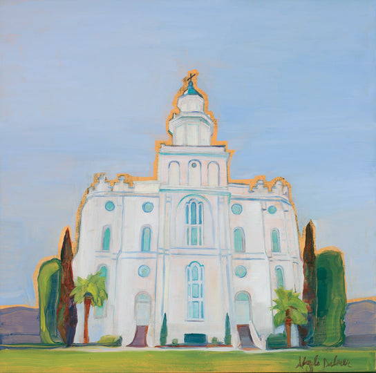 Painting of the St. George Temple outlined in a gold color against a blue sky. 