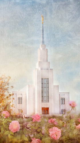 Twin Falls Idaho Temple painting showing pink flowers in front of the temple.