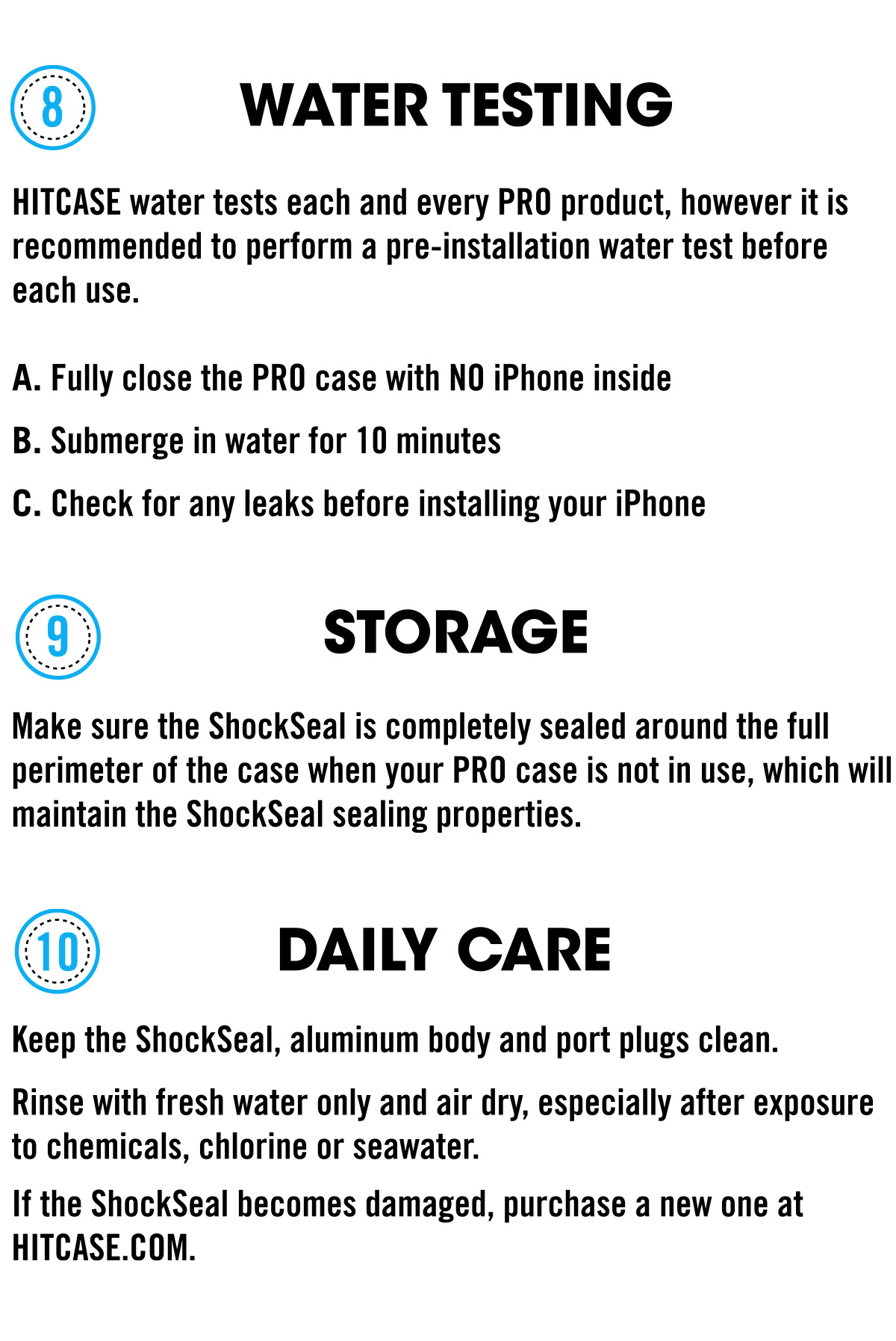 water testing, storage, daily care