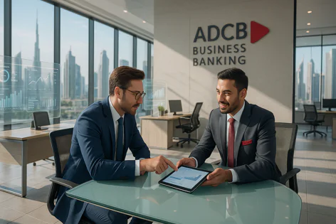 Two businessmen in suits discussing financial data on a tablet in a modern office with a view of the Dubai skyline and ADCB Business Banking branding.