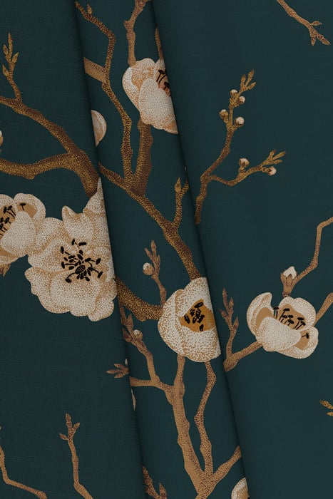 blue chinoiserie fabric with cherry blossom pattern image