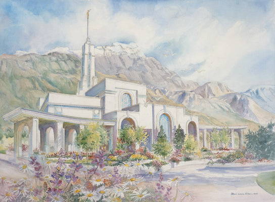Painting of the Mount Timpanogos Temple standing behind colorful flowerbeds.