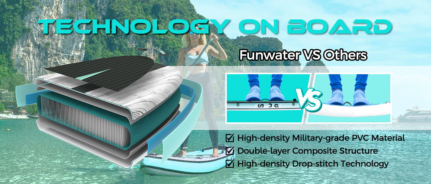 Funwater technology on SUP board: High-density Military-grade PVC Material Double-layer Composite Structure High-density Drop-stitch Technology