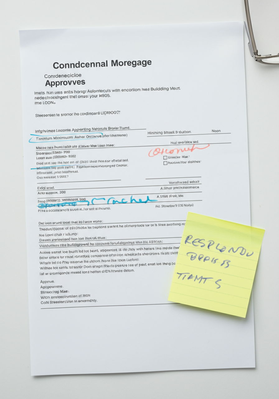 A conventional mortgage approval document for a Streeterville luxury condominium. The paperwork highlights Fannie Mae requirements including minimum owner-occupancy ratios and reserve fund thresholds. A sticky note marks sections about building insurance requirements that must be met for loan approval.