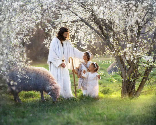 Jesus standing beneath blossom trees  with two young children and sheep.with 