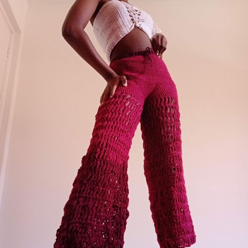 crochet mesh trouser, crochet pants pattern, crochet bell bottoms