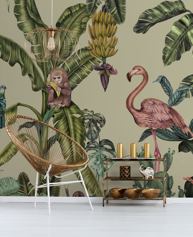 Cream & Green Exotic Bird Monkey Jungle Mural hero image