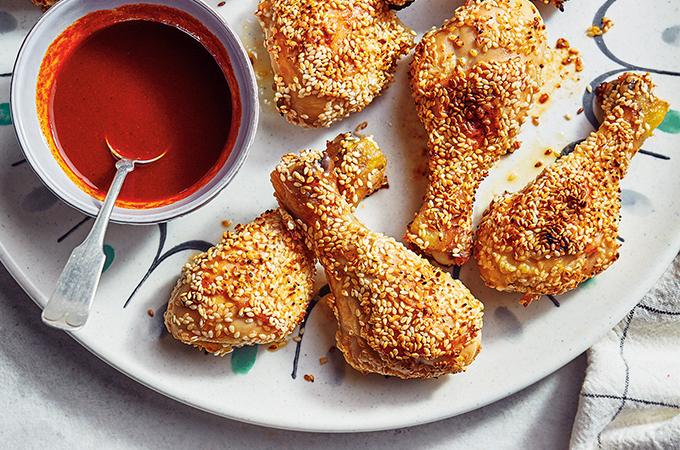 Sesame-Crusted Chicken Drumsticks with Spicy Lemon Sauce