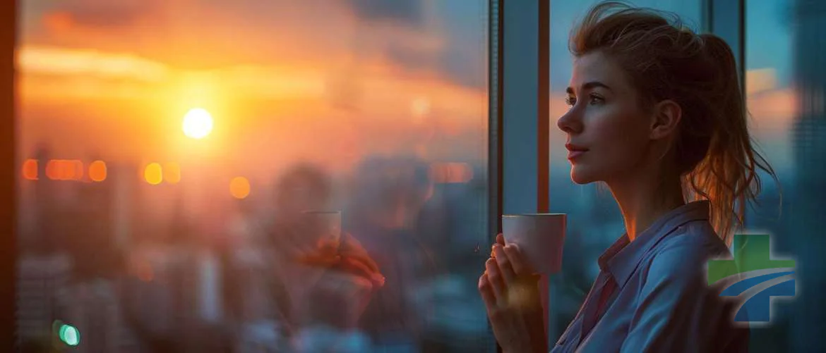 Healthcare professional reflecting by a window at sunset