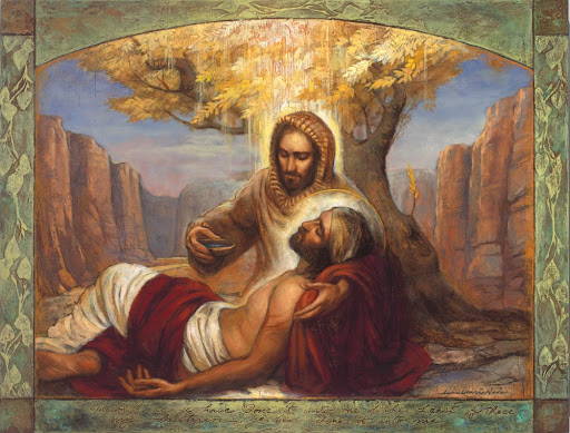 Painting of the Good Samaritan, represented as Jesus Christ, helping the Jewish man. They sit beneath the tree of life.