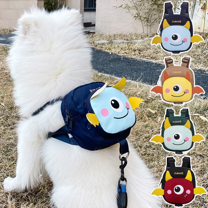 Adorable Monster Pet Backpack Harness - Small Dog & Cat Treat Pouch with Poop Bag Dispenser