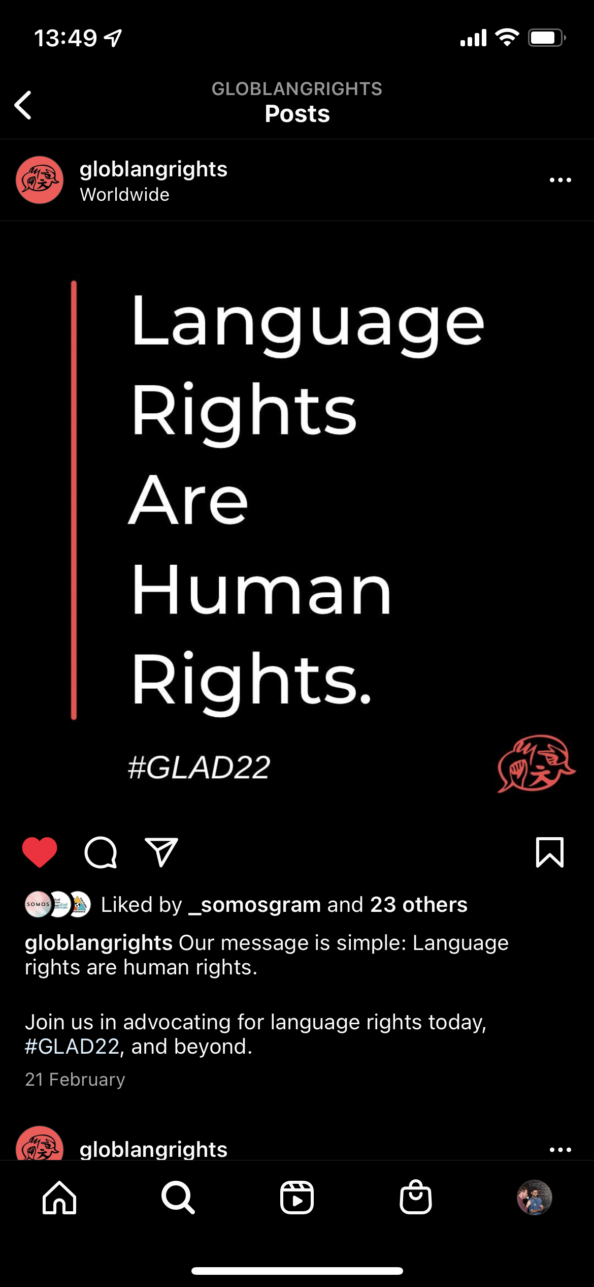 screenshot of global coalition of language rights instagram