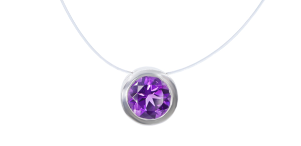 Amethyst set in a cylindrical pendant mounted on strong nylon wire.