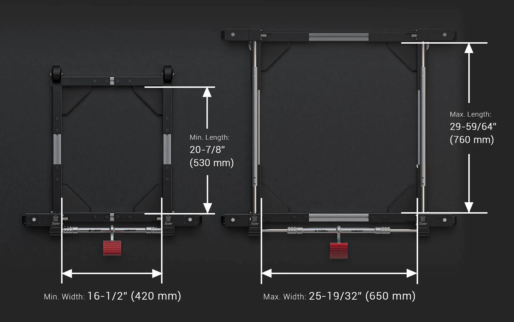 mobile base woodworking machinery mobility system Spider M-1500Pro adjustable base size of width 16-½ā (420mm) to 25-19/32ā (650mm) and length 20-ā
ā (530mm) to 29-59/64ā (760mm)