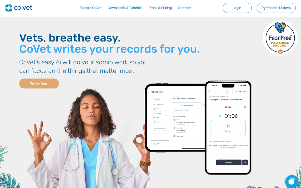 Screenshot of CoVet's website landing page, an AI scribe