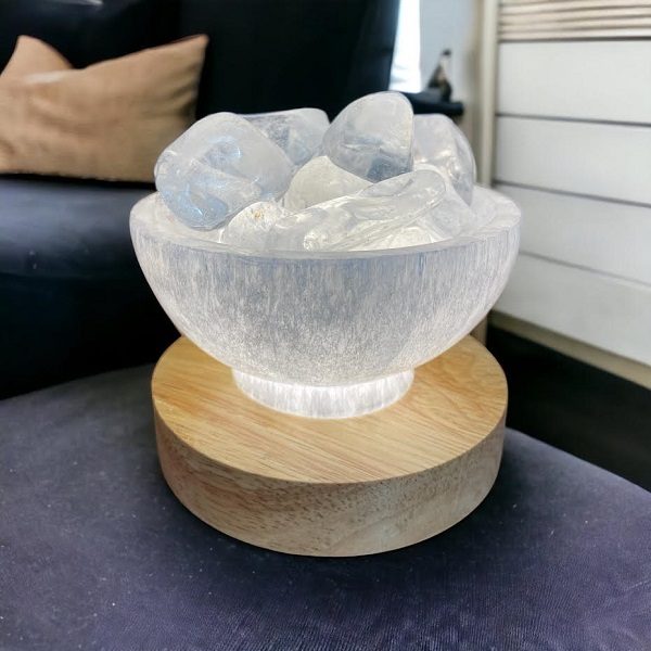 Selenite Bowl - Clear Quartz Tumble Smooth Crystals Includes LED Base