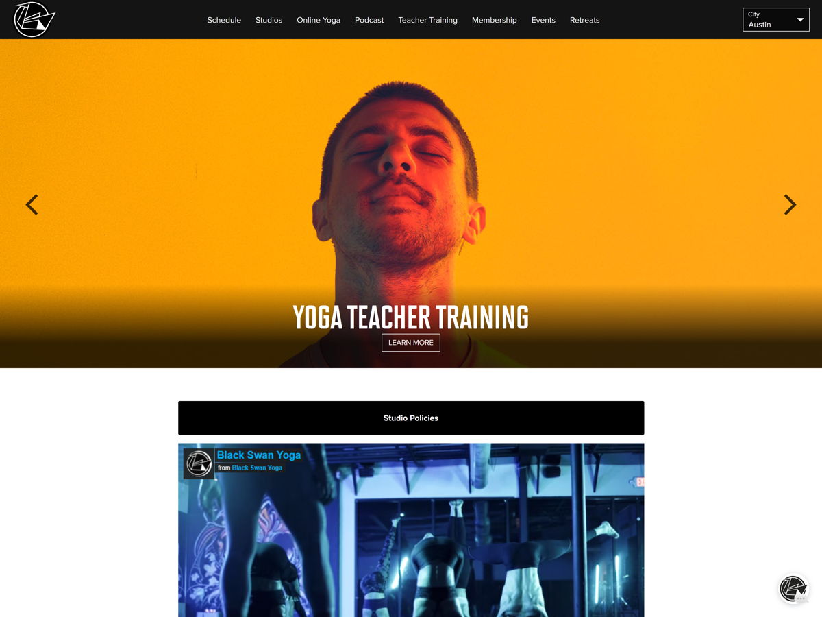 Screenshot of Black Swan Yoga, from the yoga websites collection.