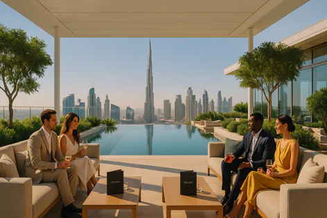 Two couples relax on outdoor couches by an infinity pool offering panoramic views of the Dubai skyline and the prominent Burj Khalifa.
