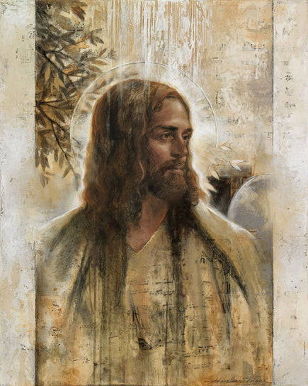Textured portrait of Jesus Christ. A white halo encircles His head.